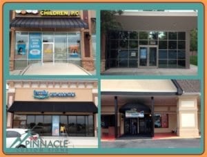 Collage of various window graphics for different storefronts, designed by Pinnacle Custom Signs. The images include promotional graphics for dental offices and other businesses, enhancing the visibility, appeal, and branding of each location.