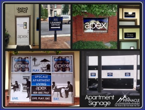 Collage showcasing various apartment signs for Apex, designed by Pinnacle Custom Signs. The images include signs for the leasing office, cyber café, fitness center, and exterior apartment branding. Each sign features modern design elements with the Apex logo and clear text, enhancing the visibility and appeal of the apartment complex.