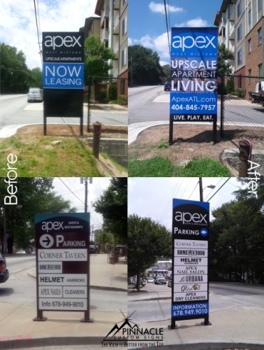 Before and after images of the community entrance sign for Apex, designed by Pinnacle Custom Signs. The 'before' images show an older, simpler sign, while the 'after' images feature an upgraded sign with bold blue and white lettering, providing clear information about apartment living and parking. The new sign prominently displays leasing information and enhances the overall appearance of the community entrance.