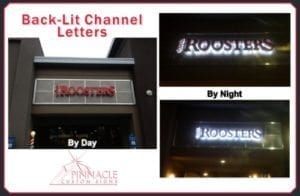 A collage of images showing back-lit channel letters for Roosters. The left image displays the 'Roosters' sign during the day, clearly visible on the storefront. The top right image shows the same sign illuminated at night, with the text 'By Night' above it. The bottom right image also shows the illuminated sign at night from a different angle. The text 'Back-Lit Channel Letters' is prominently displayed at the top left of the collage.