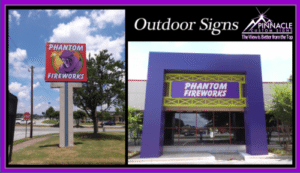 Outdoor signs for Phantom Fireworks, designed by Pinnacle Custom Signs. The collage shows a tall pylon sign with the Phantom Fireworks logo on the left and a large, purple and yellow storefront sign on the right. Both signs enhance the visibility and branding of the fireworks store.