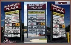 Sign Renovation Business signage for Market Plaza, showcasing an after comparison, designed by Pinnacle Custom Signs. The image features updated signs with clear, vibrant panels for various businesses including Dollar General, enhancing visibility and aesthetics for the plaza and its tenants.