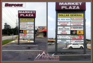 Sign Renovation Business signage for Market Plaza, showcasing a before and after comparison, designed by Pinnacle Custom Signs. The updated sign features clear, vibrant panels for various businesses including Dollar General and several other tenants, improving visibility and aesthetics for the plaza.
