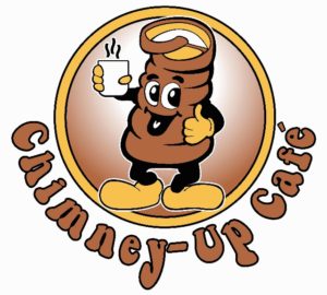 Logo for Chimney-Up Café featuring a cartoon chimney character with a friendly expression, holding a steaming cup of coffee. The character is enclosed within a circular border, and the café name 'Chimney-Up Café' is written in a playful, curved font around the bottom half of the circle.