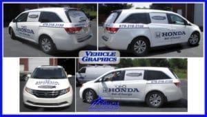 Collage of vehicle graphics for a Honda dealership, designed by Pinnacle Custom Signs, featuring a white van with blue and black lettering and logos. The graphics prominently display the dealership's name and contact information on the sides, front, and rear of the vehicle, enhancing mobile advertising and brand visibility.
