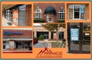 Collage of various window graphics for storefronts, designed by Pinnacle Custom Signs. The images include promotional and informational graphics for dental offices and other businesses, enhancing the visibility and appeal of each storefront