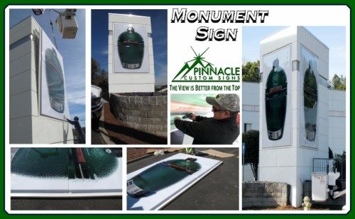 Custom Monument Signs Collage of images showcasing the installation process of a monument sign by Pinnacle Custom Signs. The sign features a large vertical panel with an image of a green bottle, installed on a white, multi-sided structure. The images highlight different stages of the installation, demonstrating the craftsmanship and attention to detail by the Pinnacle Custom Signs team.