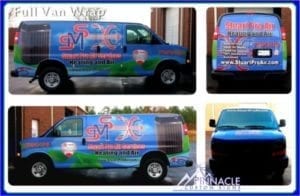 Collage of a full van wrap for Stuart Pro Heating and Air, designed by Pinnacle Custom Signs. The images show a vibrant wrap with company branding, logos, and contact information applied to the sides, rear, and front of the van, enhancing mobile advertising and brand visibility.