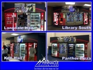 Collage showing completed graphic designs for vending machine surrounds at different locations, created by Pinnacle Custom Signs. The images include vibrant, branded graphics at Langdale Hall, Library South, Kell Hall, and Panther Pizza, enhancing the visual appeal and brand presence at each location.