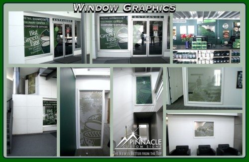 Collage showcasing various window graphics for Big Green Egg, designed by Pinnacle Custom Signs. The images include branded decals and frosted designs on glass doors and windows, enhancing privacy and promoting the brand within the retail showroom and corporate offices. The graphics feature the Big Green Egg logo and product imagery, contributing to a cohesive and professional interior look.