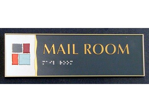 Mail Room sign with braille and company branding