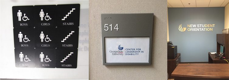 A composite image showing three different types of ADA and handicap signs. The left section displays a black sign with white icons and text indicating boys, girls, and stairs, with symbols for accessibility. The middle section shows a room number sign, 514, for the Center for Leadership in Disability at Georgia State University, featuring braille and a changeable nameplate. The right section features a wall sign for New Student Orientation in an office setting, with a desk and chair in the foreground.