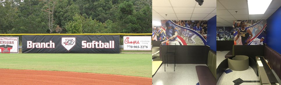 A composite image showing examples of promotional signage. The left section displays an outdoor banner for Branch Softball with the team's logo and sponsorship banners, set against a green field and wooded background. The middle section shows an indoor wall mural featuring dynamic sports imagery, including basketball players in action. The right section is a continuation of the indoor mural, showing another area with similar sports graphics